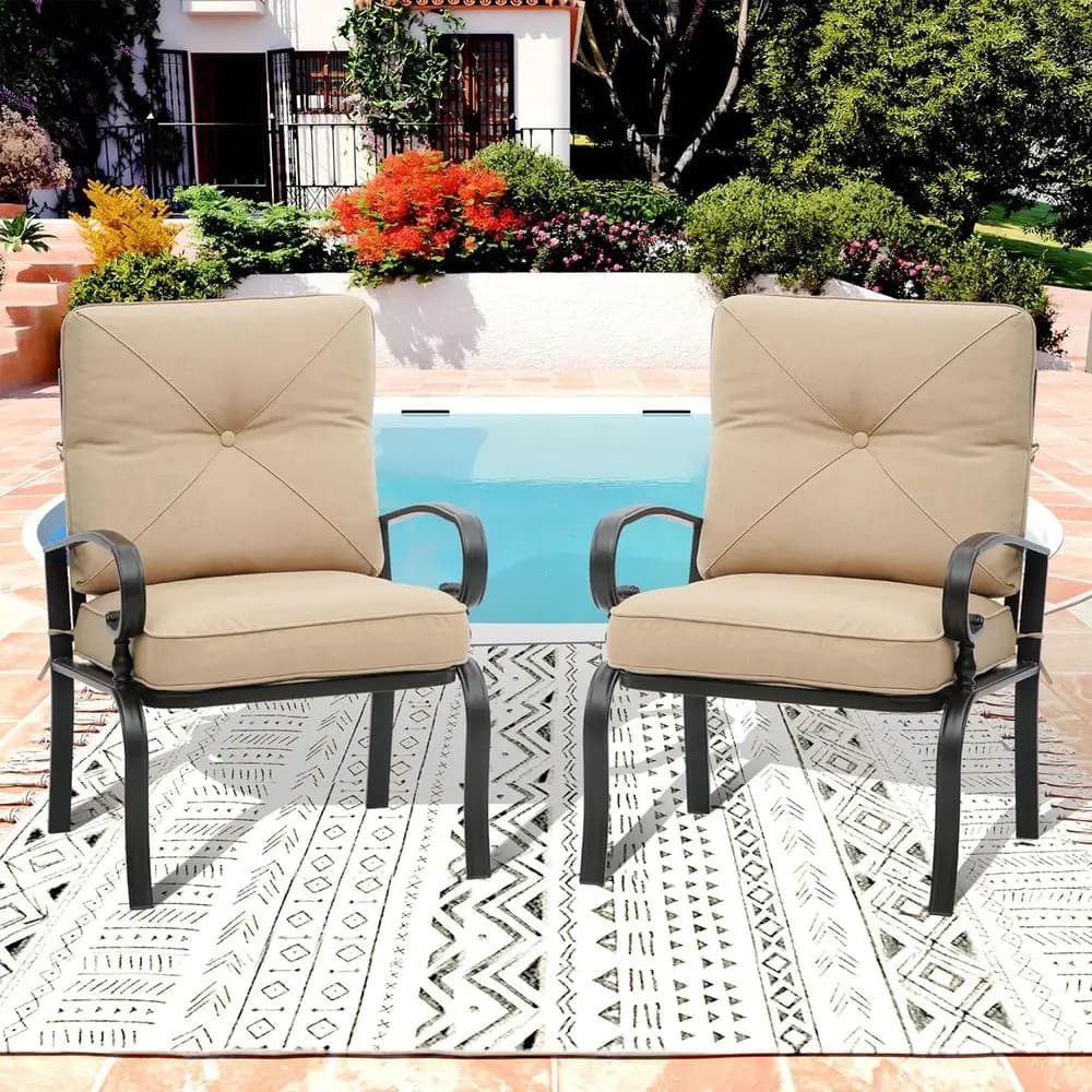 Set di sedie da pranzo per patio, set di mobili da esterno in ferro battuto da bistrot in 2 pezzi, sedute da giardino resistenti alle intemperie con cuscini marroni