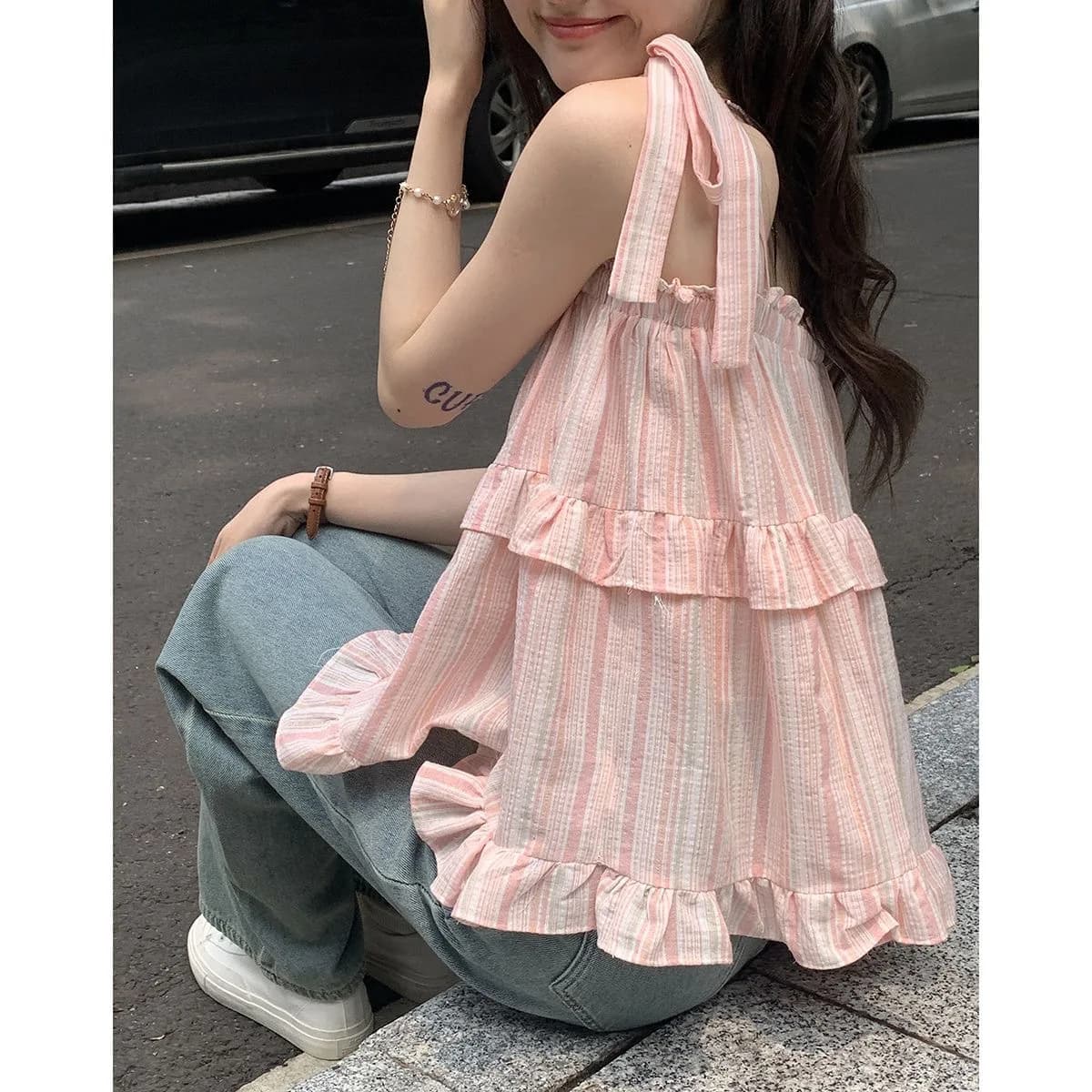 Nuovo Top Estivo da Donna con Spalline Sottili e Nodo Decorativo, Stile Vacanza, Camicia da Spiaggia in Fibra di Poliestere, Modello Carino
