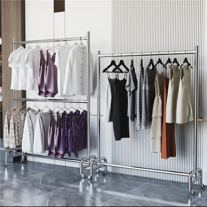 Espositore per negozio di abbigliamento Appendiabiti a doppio strato in acciaio inossidabile Espositore mobile Appendiabiti Appendiabiti da pavimento con ruota