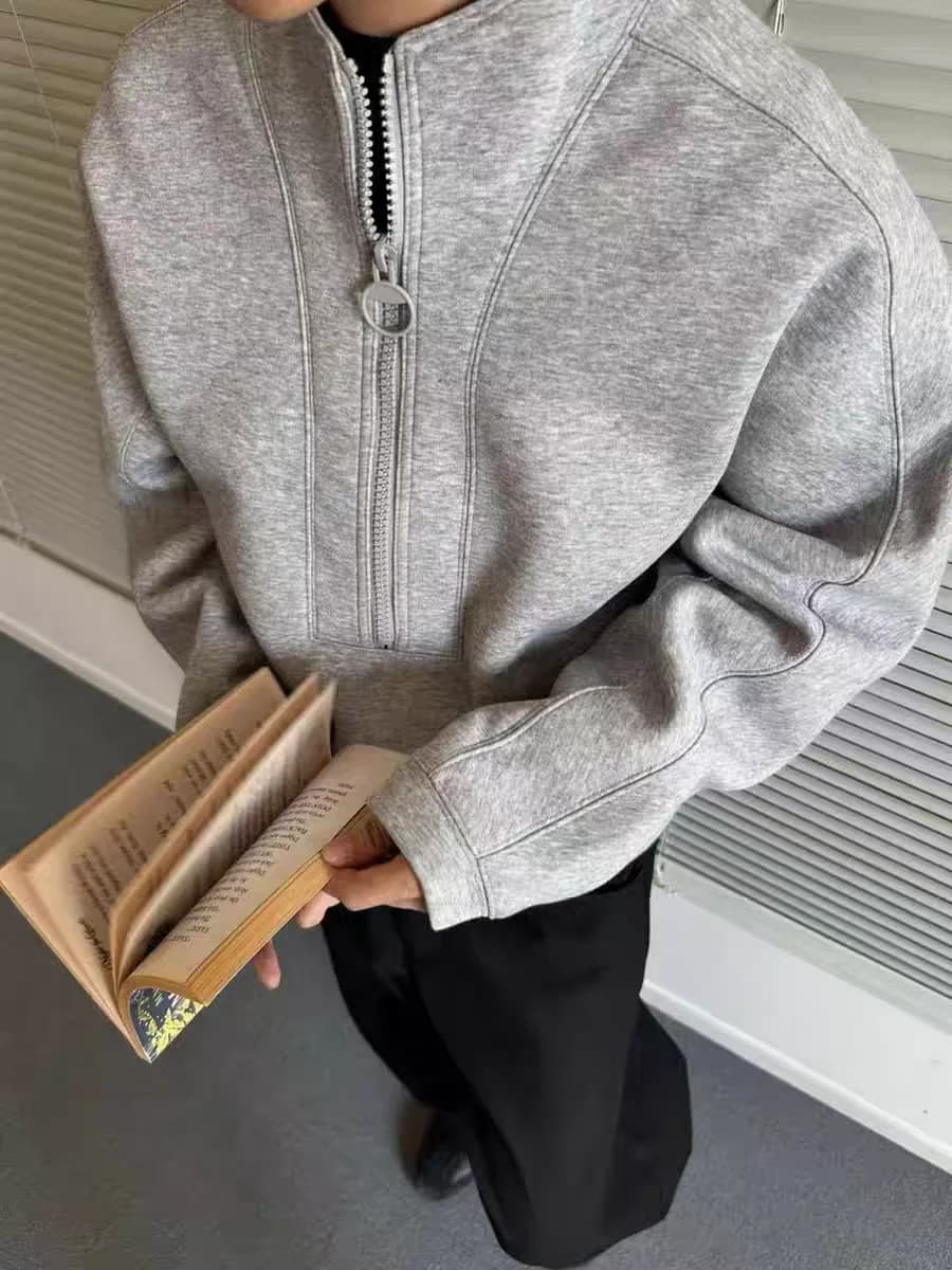 Felpa con Cappuccio Oversize da Uomo, Mezza Zip, Foderata in Pile, Collo Alto, Stile Corto, Abbigliamento Casual in Poliestere