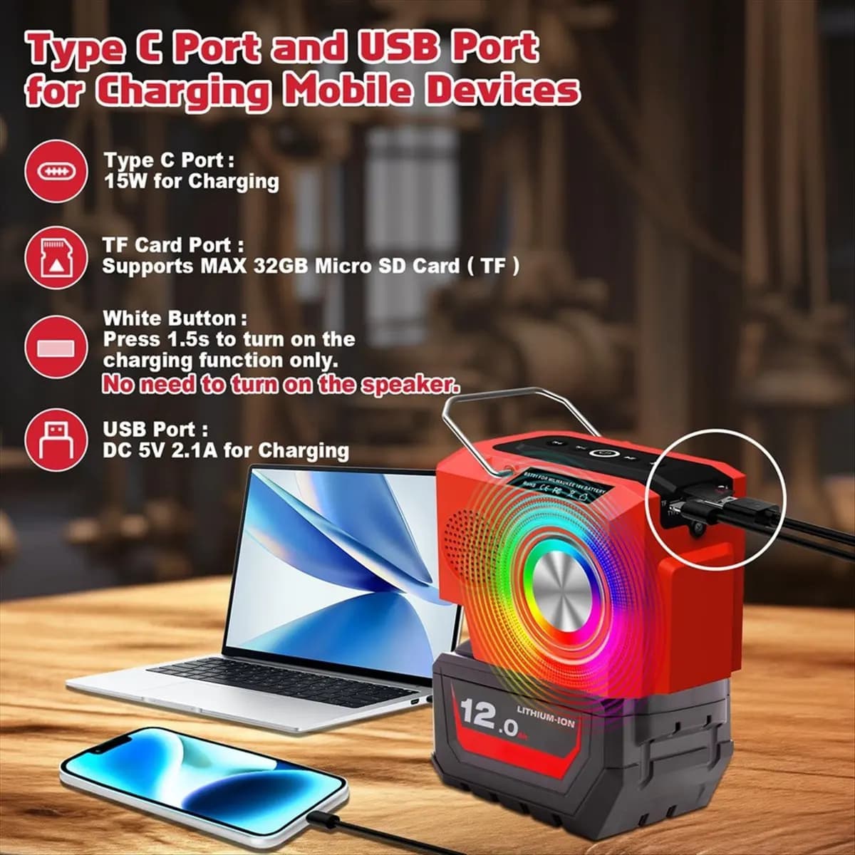 *Great wireless Bluetooth speaker for Milwaukee batteries with USB Type-C USB port TWS speaker amplifier for camping parties
