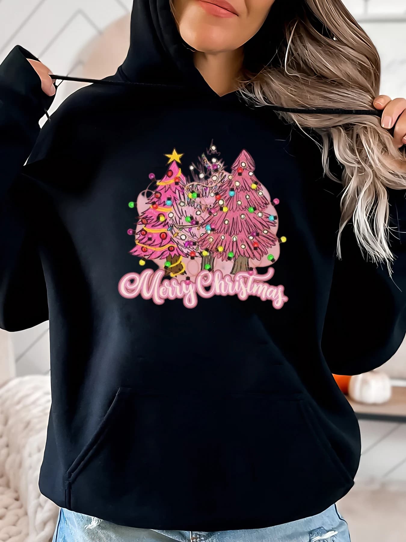 Hoodie with Christmas tree print and Christmas castle by woman, casual, for winter holidays, black, strong sizes