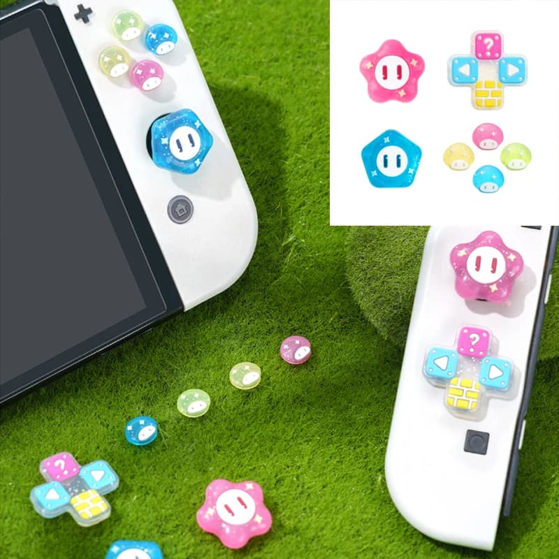 Custodia in silicone Mushroom Star con D-pad, pulsanti ABXY, adesivi e copri-stick analogici per Joy-Con di Switch 2/NS Oled NS2