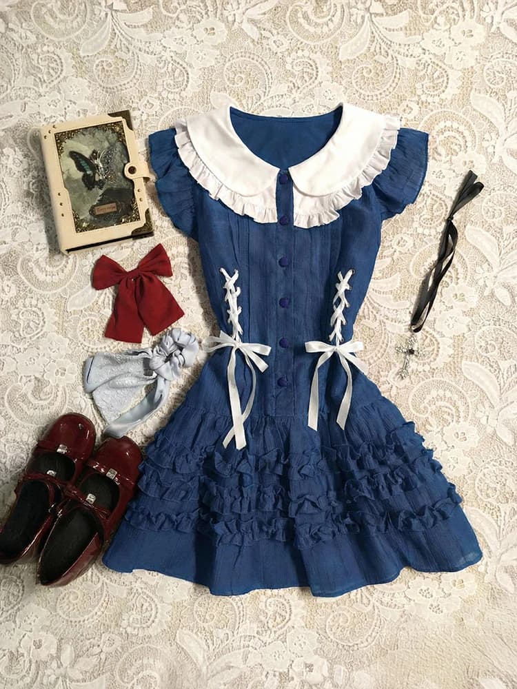Abito vintage blu con colletto a bambola da donna, estivo, con design a venature del legno, originale BaoYao, gonna a trapezio con laccetti in vita, stile fata