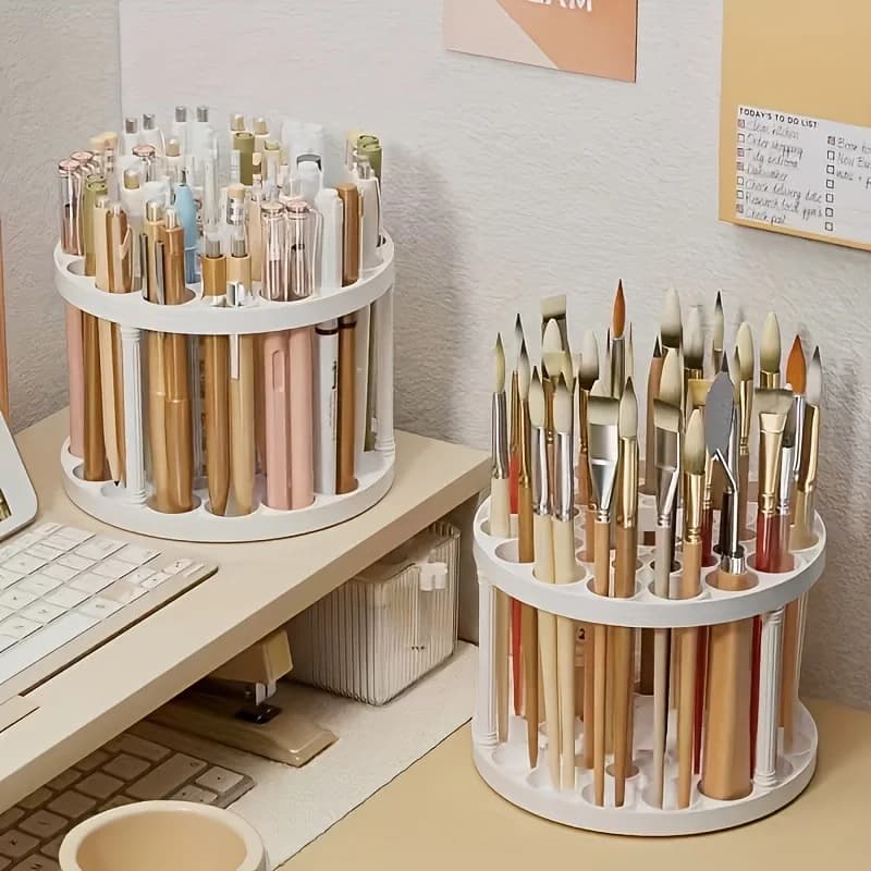 1/2PCS 360° Rotating Brush Holder Plastic Organizer with Glaze Finish, Space-Saving Design for Art Brushes, Pens, Makeup Tools