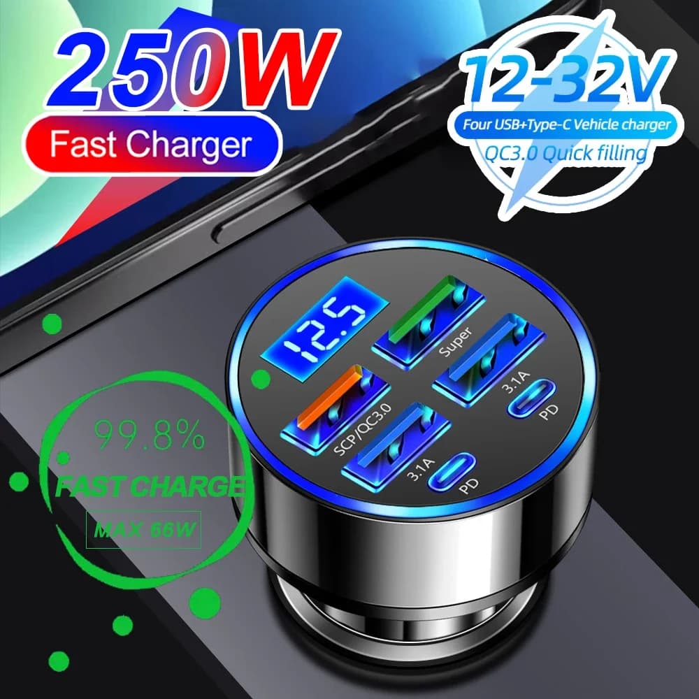 Car Charger PD 66-250W QC3.0 Fast charging from one to six Car Charger with cigarette lighter Charger with digital display