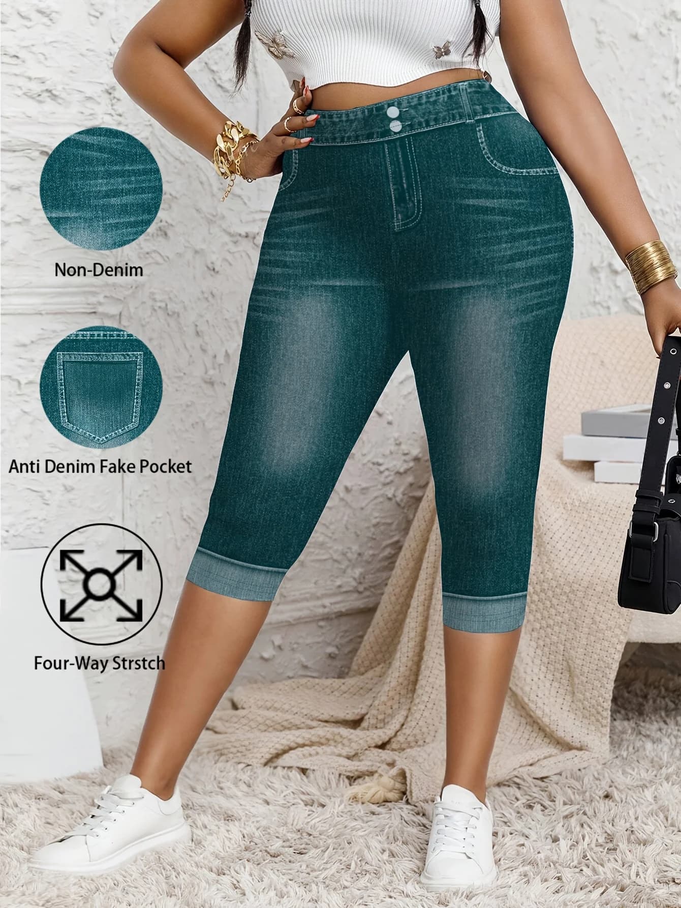 Pantaloni Capri a Vita Alta Taglie Forti, Leggings 3/4 Effetto Denim Eleganti, Pantaloni Estivi Elasticizzati Modellanti per Donna