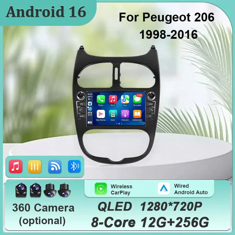 Autoradio Android 16 da 7'' per Peugeot 206 1998-2016 206CC 206SW, Lettore Multimediale con GPS, Navigazione, Bluetooth, WiFi, Radio FM, Unità di Controllo Stereo