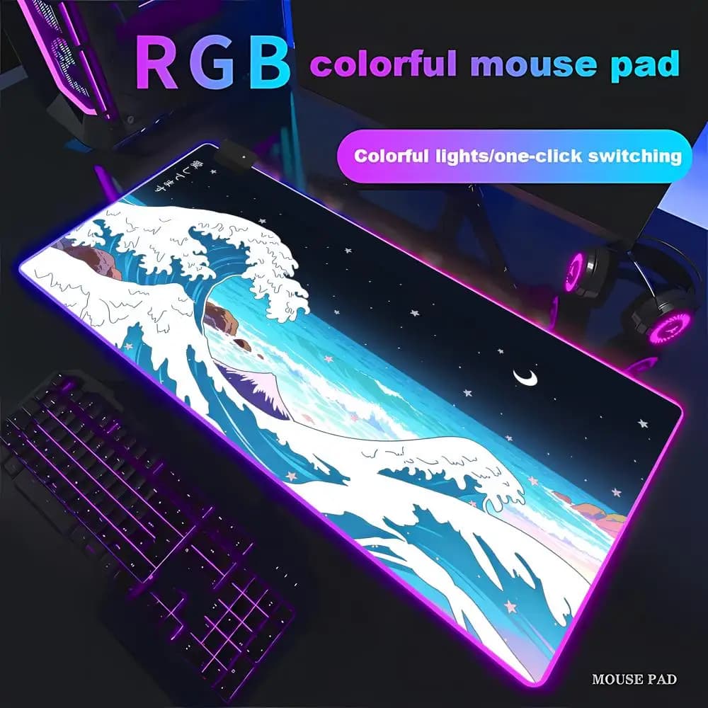 HYBXAXC Japan Great Wave Mouse Pad RGB Gaming Mouse Pad HD Gamer Large LED Light XXL PC Computer Non-slip