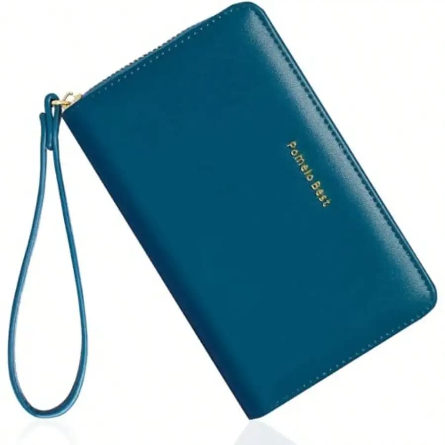 Portafoglio da Donna in Pelle con Blocco RFID, Porta Carte di Credito con Tasca Portamonete, Chiusura Zip, Cinturino da Polso, Borsa Media per Signore 2025 Blu Pavone