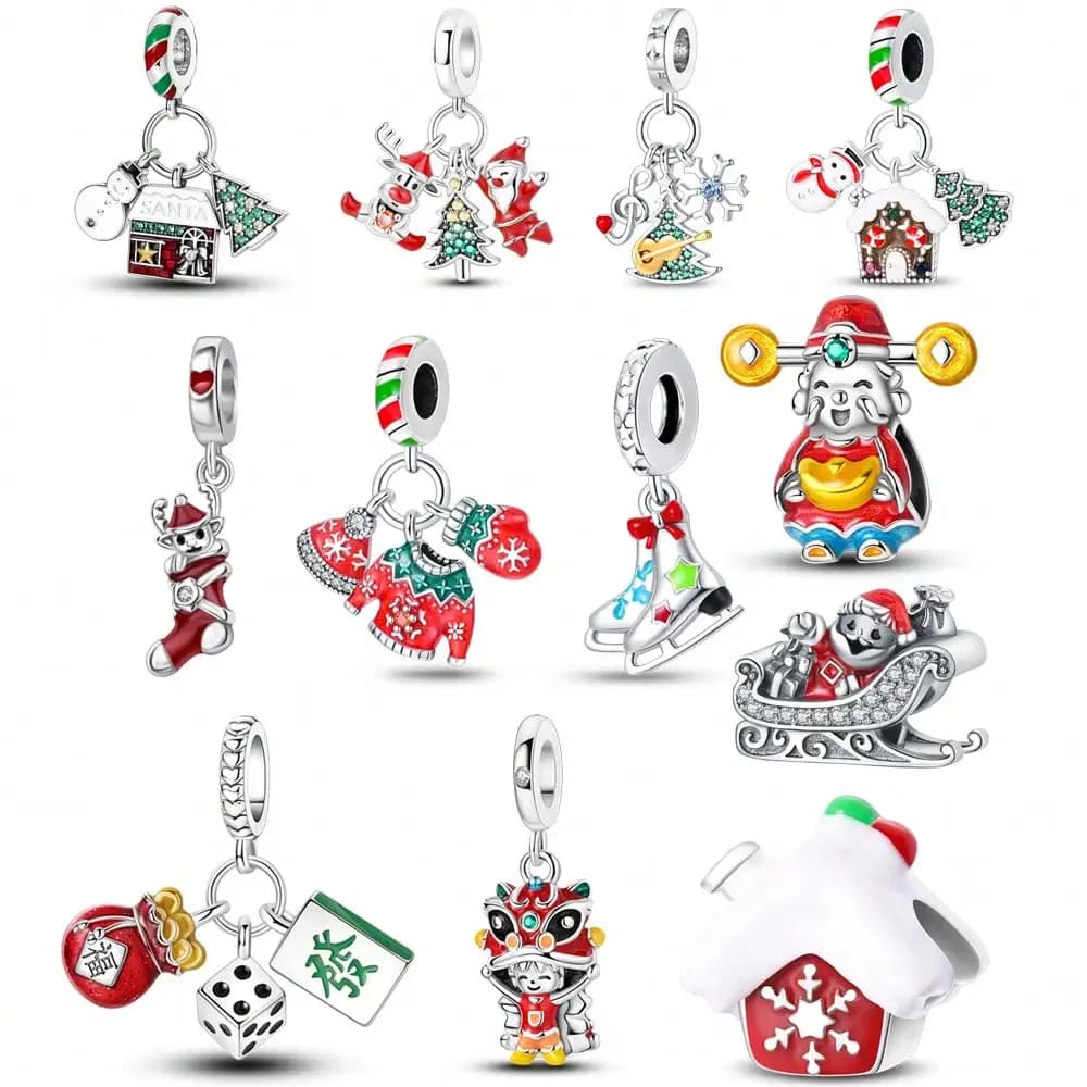 2025 Hot Sale Charms Bead 925 Sterling Silver Christmas snow house socks Fit Bangle Bracelet Necklace DIY Jewelry