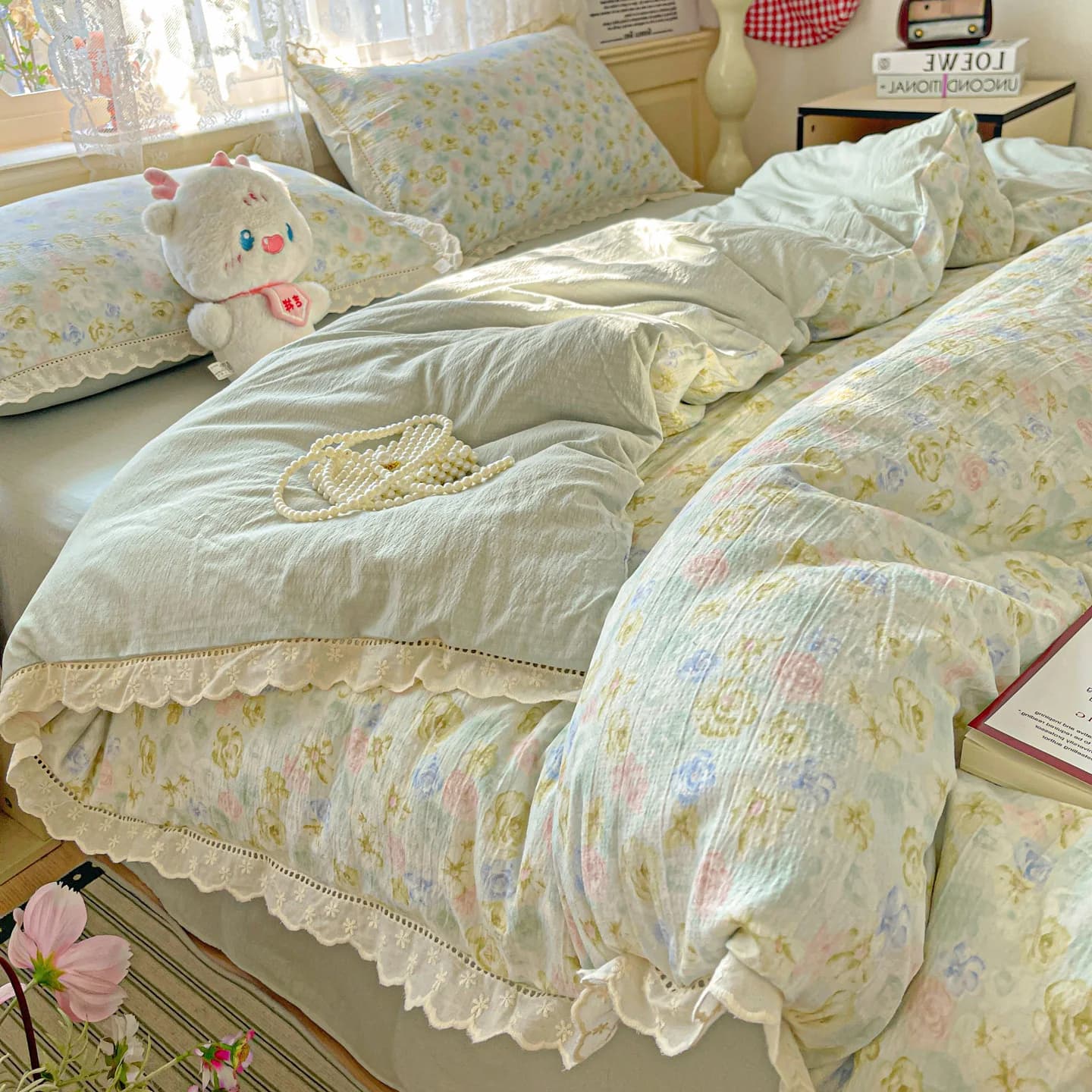 Floral Bedding Set Korean Style Duvet Cover Set Bed Linen Flat Sheets Set 2 Pillowcases Single Double Queen Size For Student