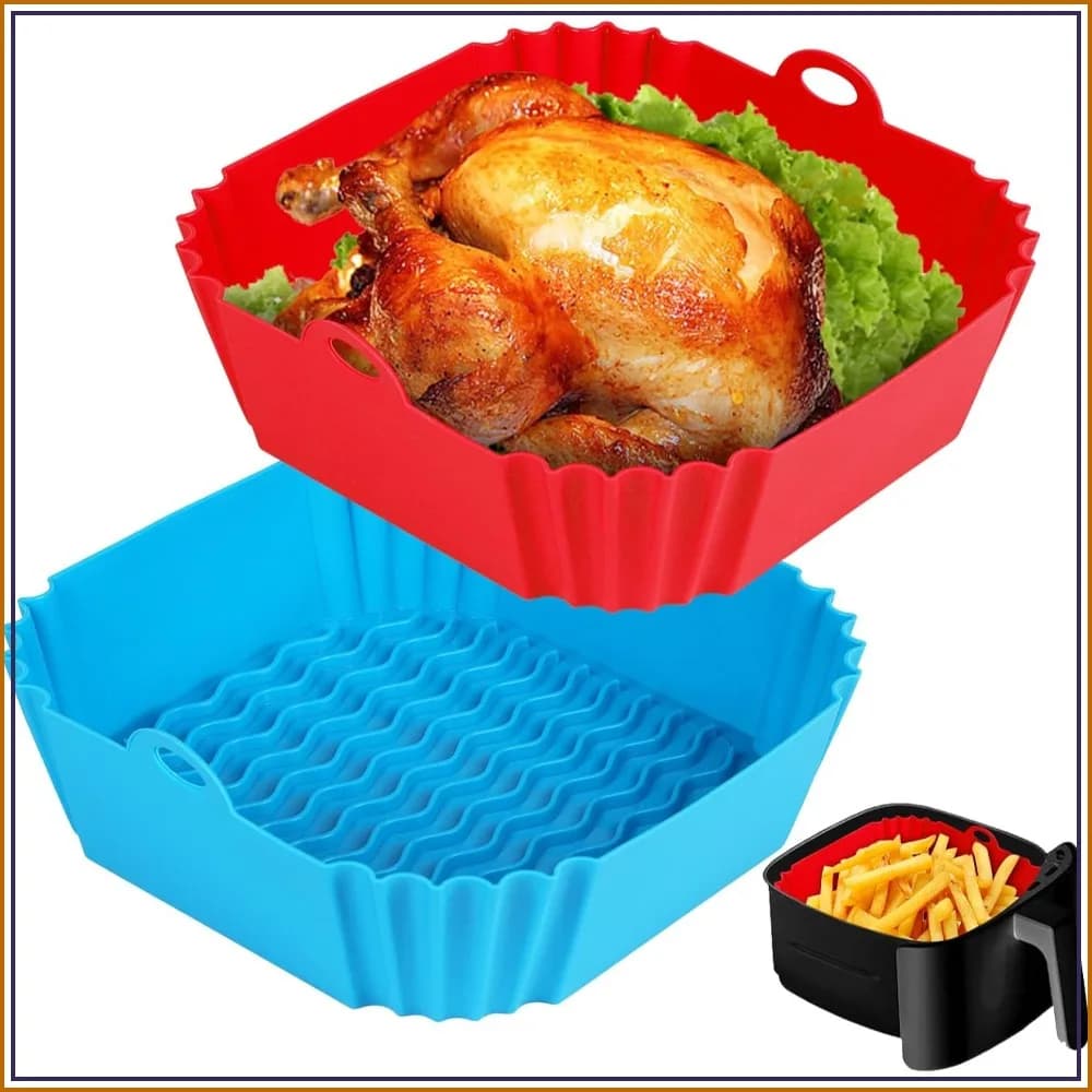 2-Pack Square Silicone Air Fryer Liners 8 Inch Reusable Non-Stick for 4-7 QT Oven Microwave Accessories Red+Blue