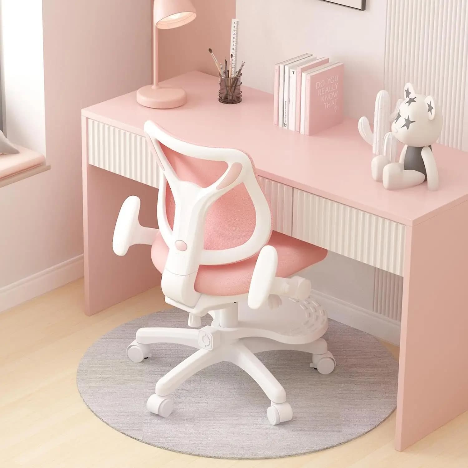 Sedia da studio ergonomica per bambini con altezza regolabile, supporto lombare, poggiapiedi e braccioli ribaltabili - Design in rete rosa