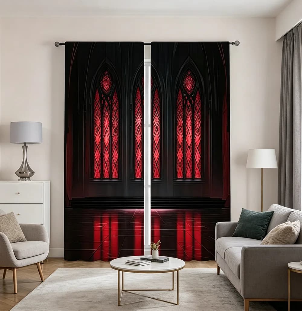 2PCS Digital Printed Curtains, Gothic Red Window Pattern, Artistic Pattern Window Drapes for Living Room Bedroom Decor