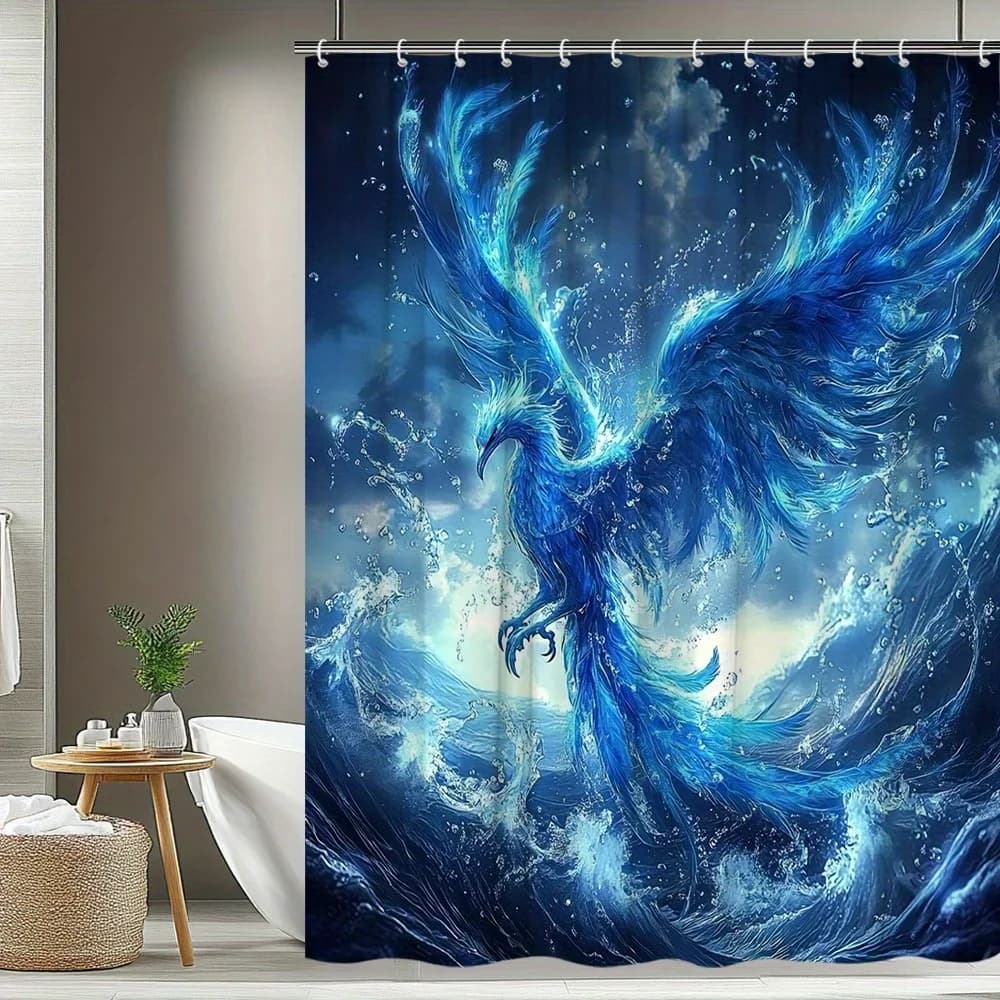 Tenda da doccia Mystic Phoenix da 1 pezzo: design Phoenix blu vibrante e dorato, tessuto in poliestere, 70 8x70. 8 pollici, 12 ganci,
