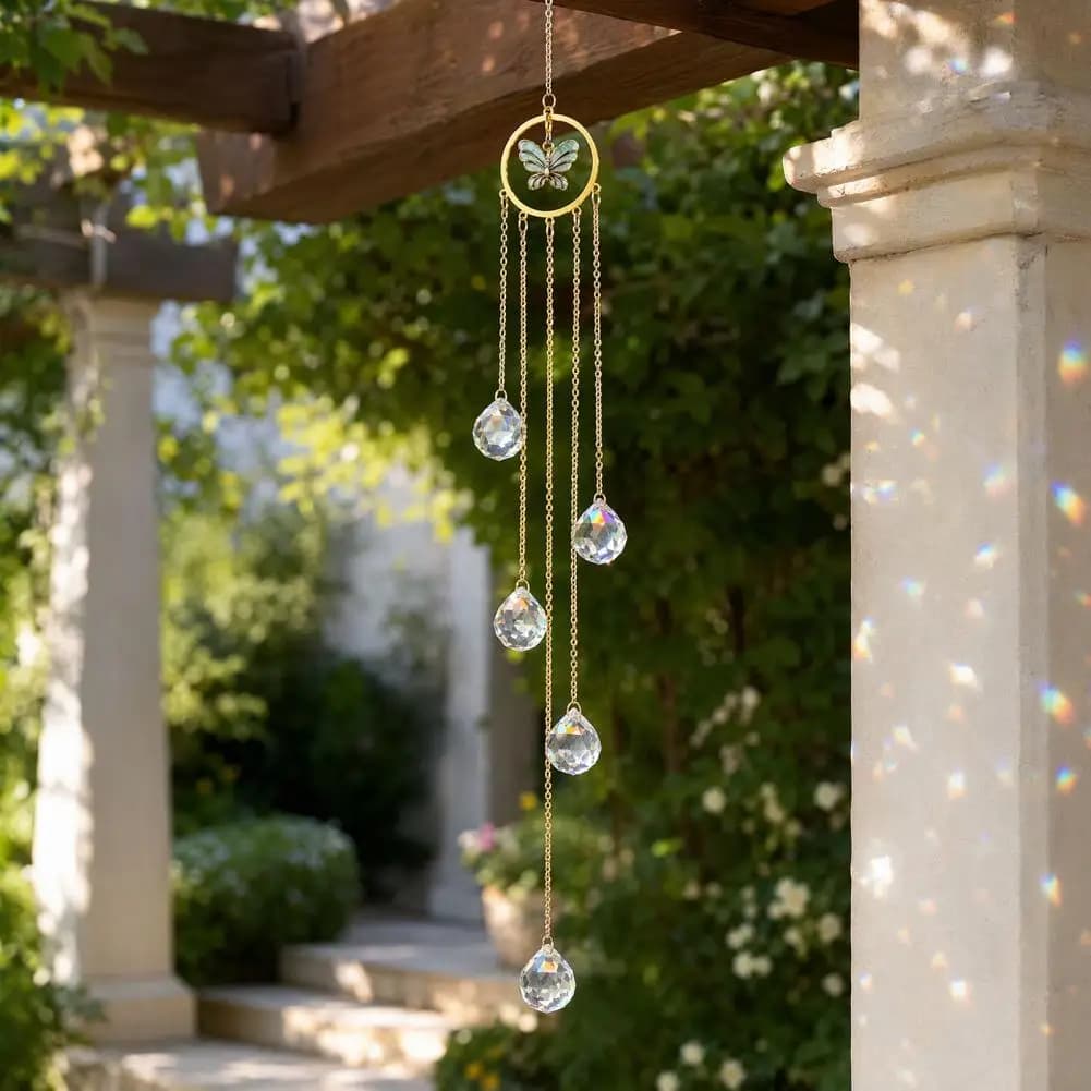 Sunlight Refraction Chime Wind Chime Sun Catcher with 7-color Ab Balls Faceted Light Beads Hanging Ornament Rainbow for Garden