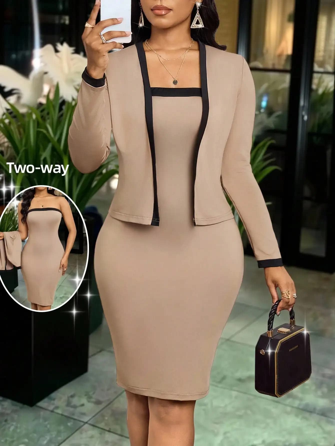 Women's Dress with Long Sleeves Jacket with Contrast Edges and Fitted Dress, Elegant Office Clothing