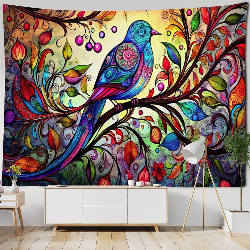 Beautiful printed tapestry with flowers and birds, artistic decoration for the house, background fabric, yoga sheets, picnic mats