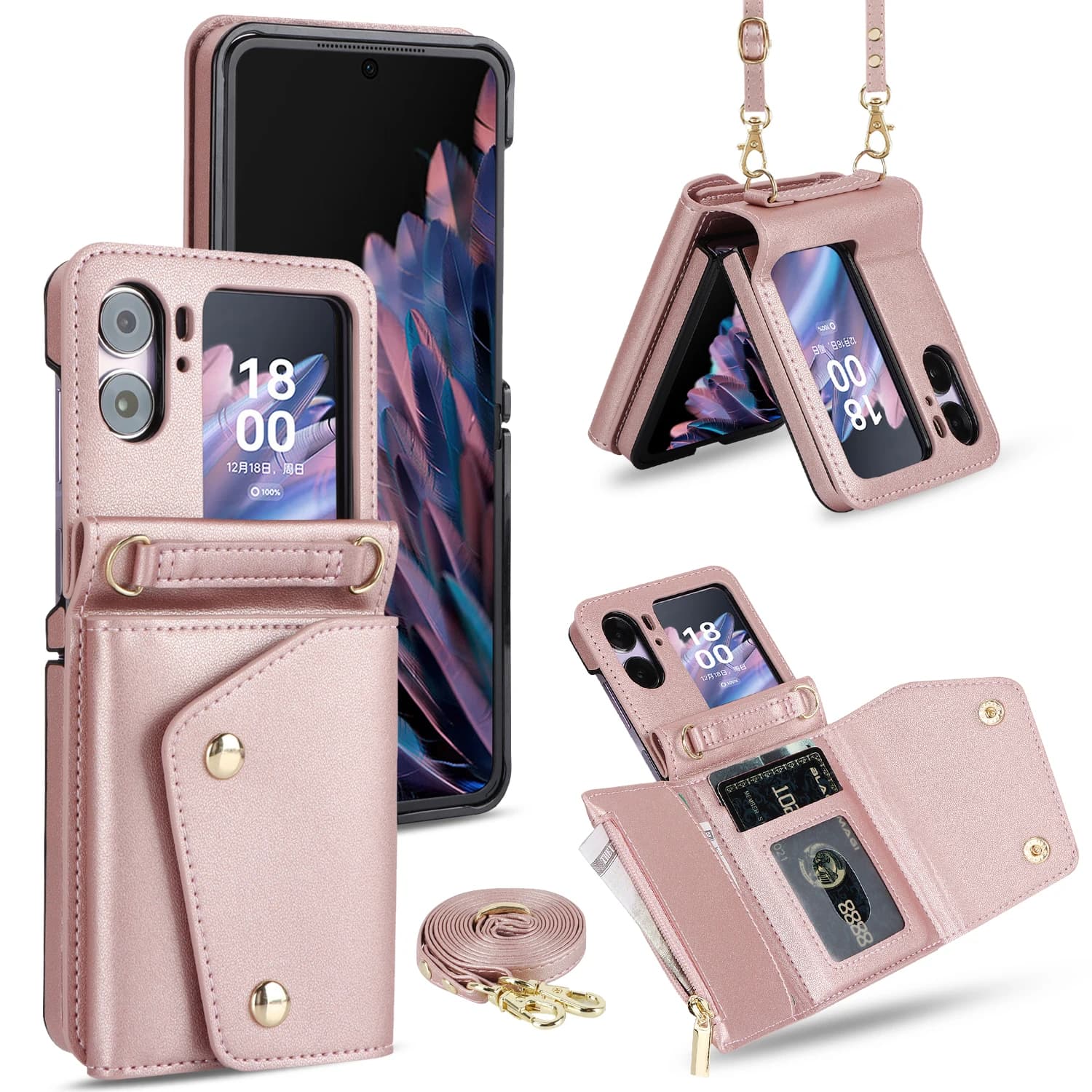Multi-funzionale Crossbody Leather Zipper Wallet Cards Solt Case per OPPO Find N2 Flip 5G Long Rope cordino Card Bag RFID Cover