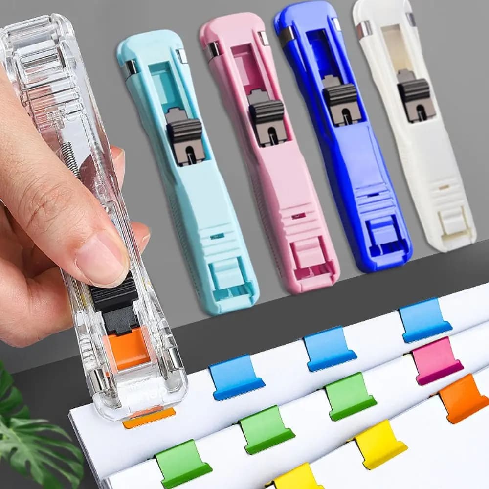 High Quality Traceless Clip Pusher Metal Reusable Hand Push Clamp Hand Push Document File Stapler Student Gift
