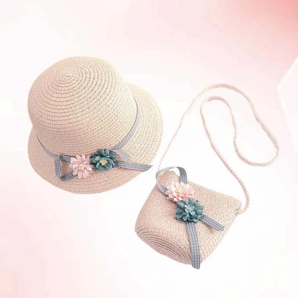 1 set 1 Wide Brim Sun Hat With Crossbody Bag Pink Beach Set For Girls Kids Cap Beach Straw Kids Straw Cap Bag Set