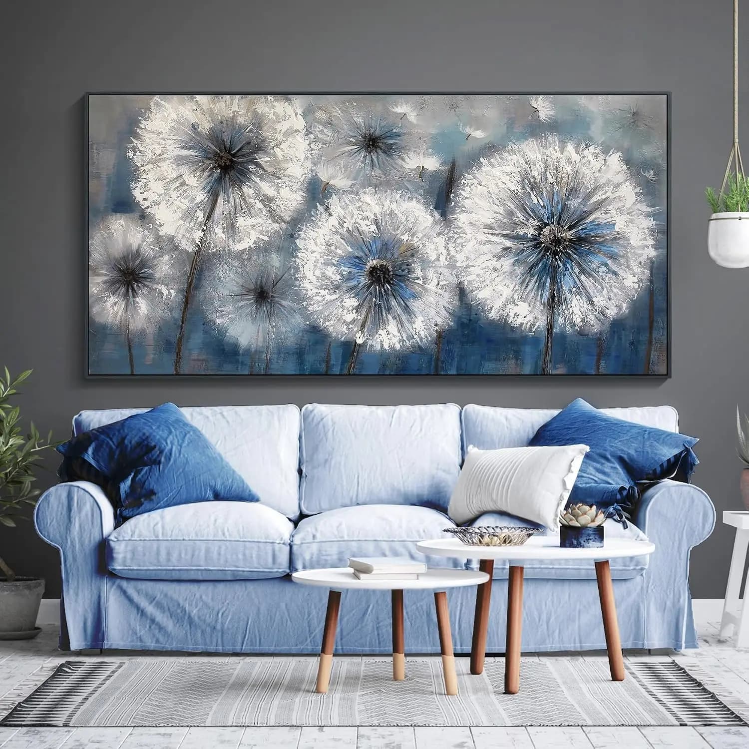 Black‑Framed 29"×58" Dandelion Plant Wall Art, Blue‑Toned Framed Painting Artwork, Modern Botanical Picture Wall Decor for Living Room, Dining Room Home Decoration