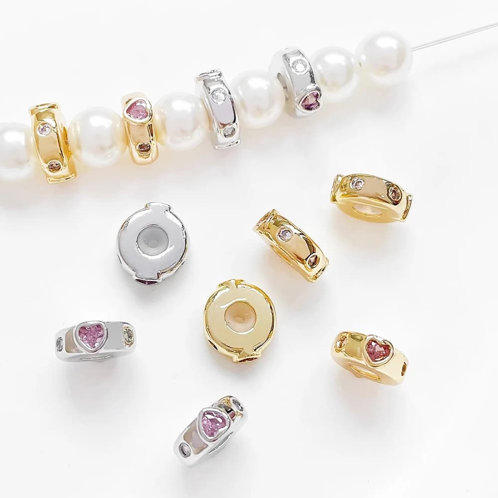 2 pieces in gold plated brass with heart-shaped beads in zirconia DIY produces fashionable jewelry, bracelet accessories materials