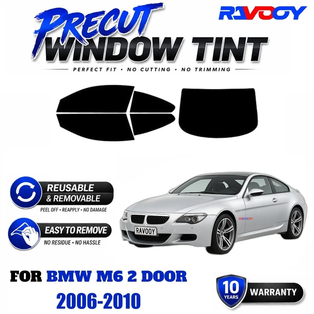 RAVOOY Precut Window Tint, Reusable Removable EPU Film, Custom Fit for Bmw M6 2 Door 2006-2010, UV Heat Protection