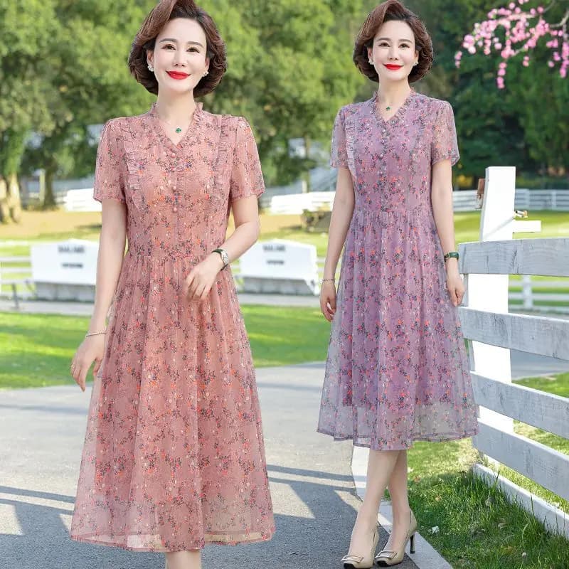 Elegant Midlife Mom Summer Dress Short Sleeve V-Neck Slimming Midi Skirt Breathable Loose Fit Long Sleeve Women's Clothing