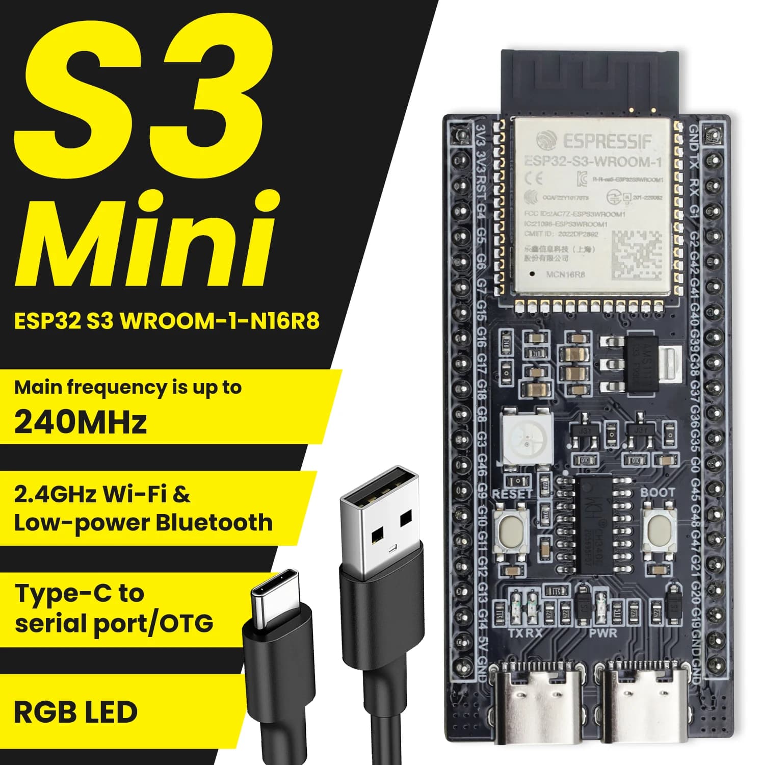 ESP32-S3 WIFI BT MINI Scheda di sviluppo con USB per Arduino IDE ESP32-S3-WROOM1 N16R8 44Pin Type-C 16MB Flash 8MB SRAM ESP32 S3