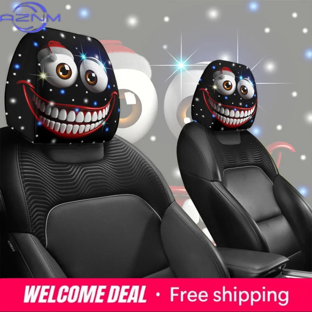 Due interessanti copri poggiatesta per auto con faccine sorridenti, regali natalizi con occhi grandi e visi espressivi, decorazioni per auto.