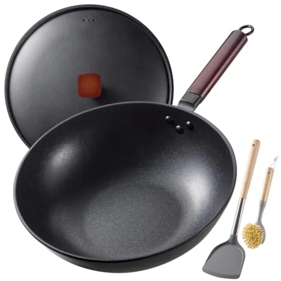 Wok in Acciaio al Carbonio - Padella Antiaderente da 13 Pollici per Wok e Stir-fry, con Coperchio, Spatola e Spazzola per Piatti: Fondo Piatto Pretrattato