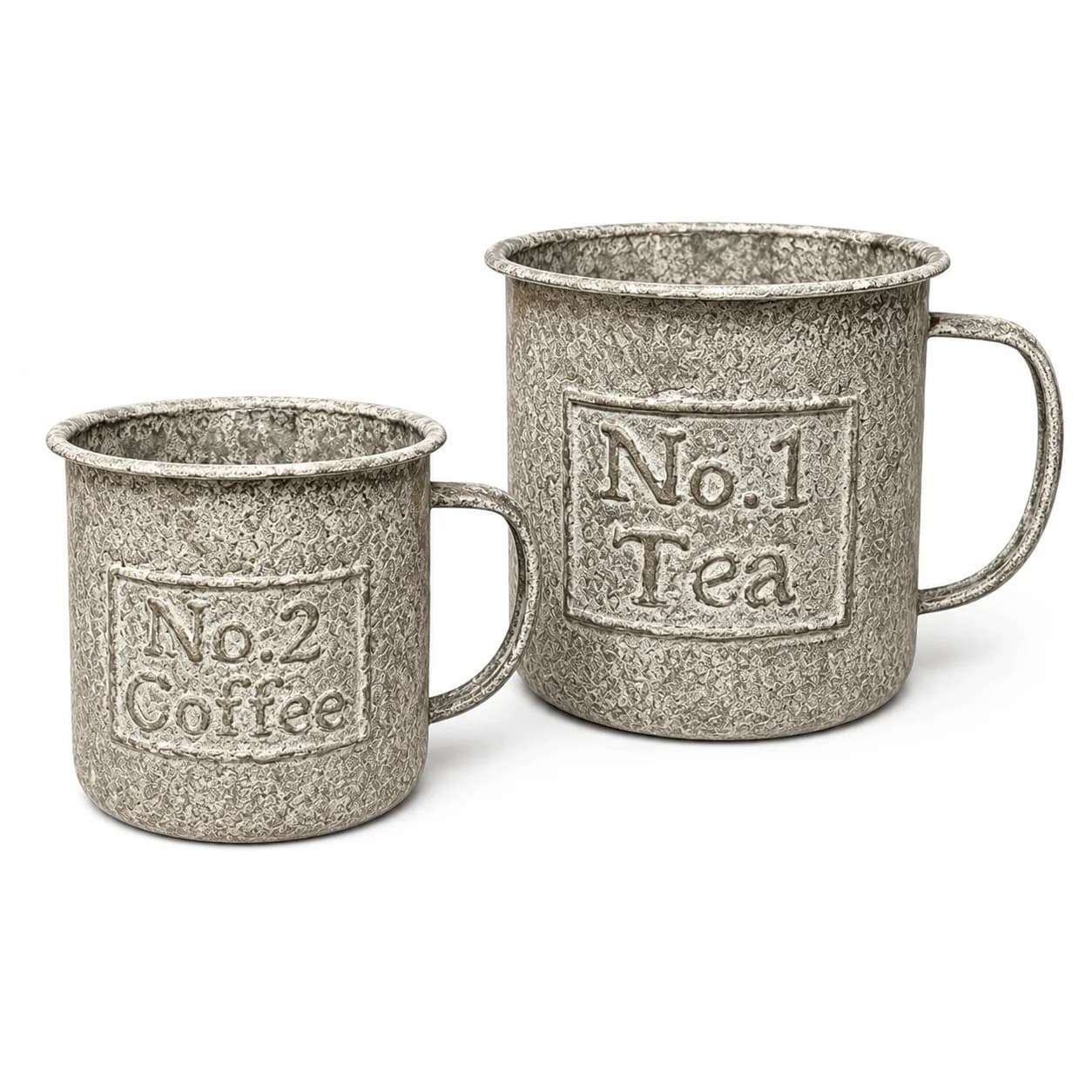 2Pcs Vintage Metal Mug Planter Set, Distressed Iron Coffee and Tea Cup Flower Pots with Handles, Rustic Farmhouse Plant Holders