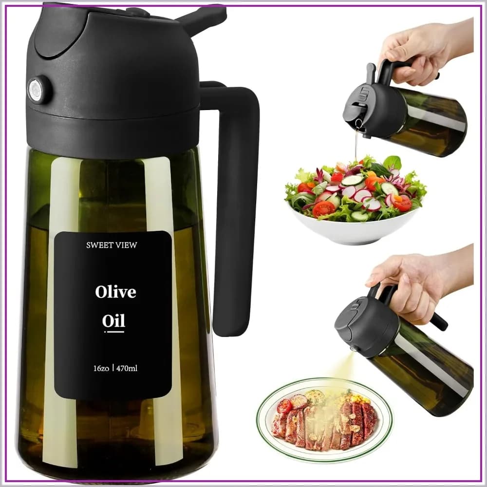 Olive Oil Sprayer for Cooking, 16oz/470ml Glass Oil Dispenser with Stickers for Air Fryer, Salad, BBQ