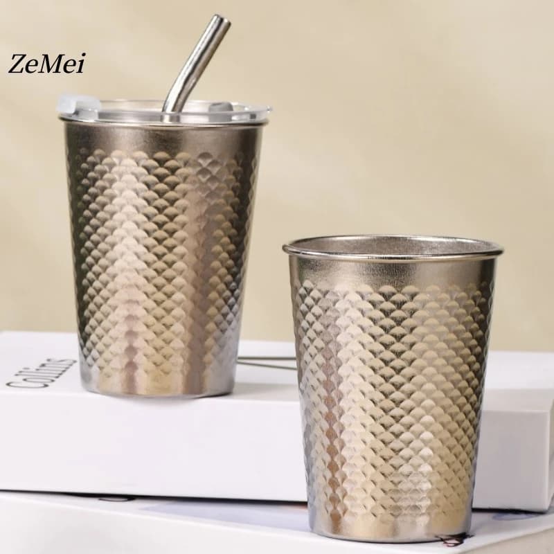 Pure Titanium Silver-Gray Coffee Cup,Dragon Scale Texture 350ml Cold Drink Beer Mug,Portable Outdoor Camping Travel Titanium Mug