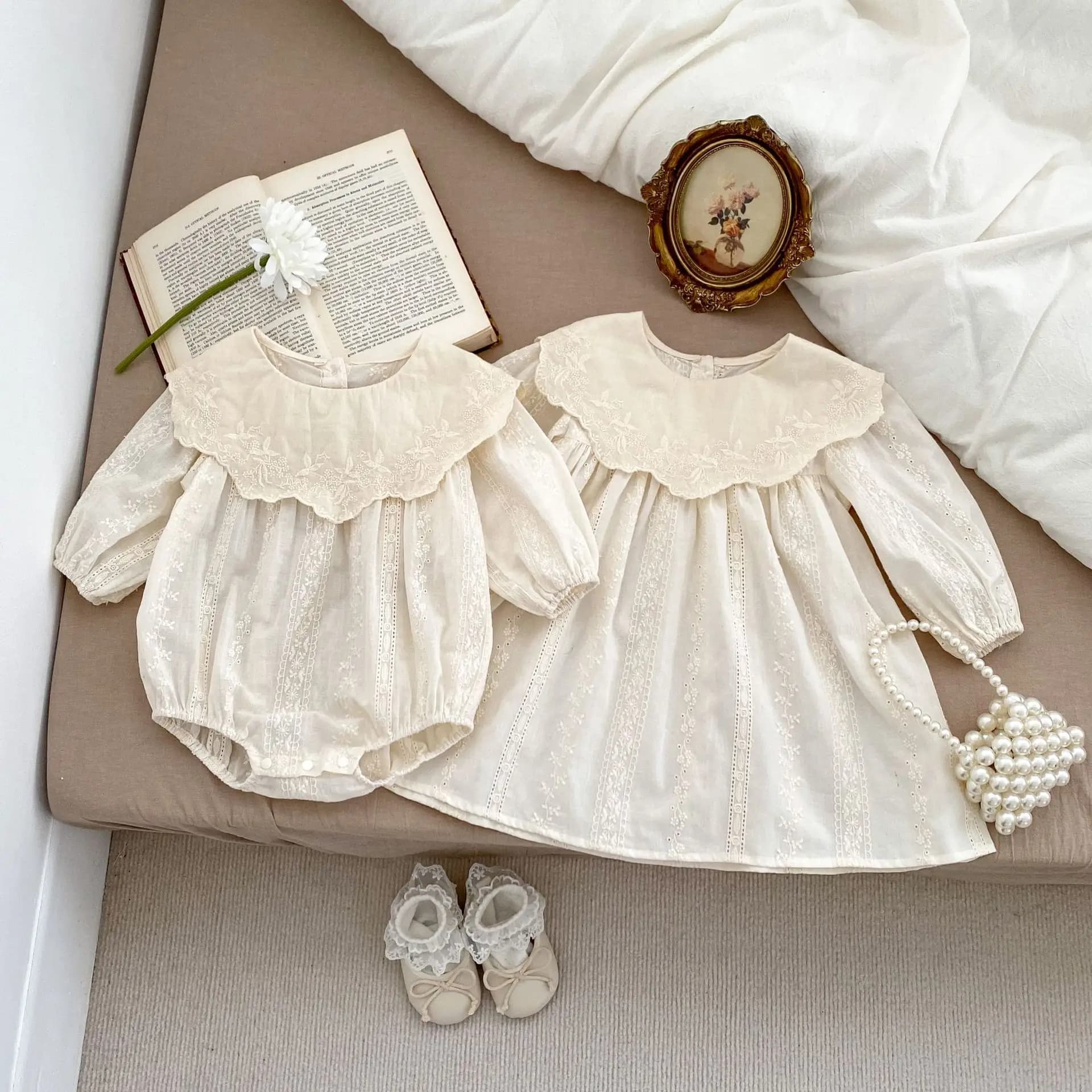 MILANCEL Body per bambina con ricamo floreale per bambina, abito intero per bambina, linea A, per sorelle grandi