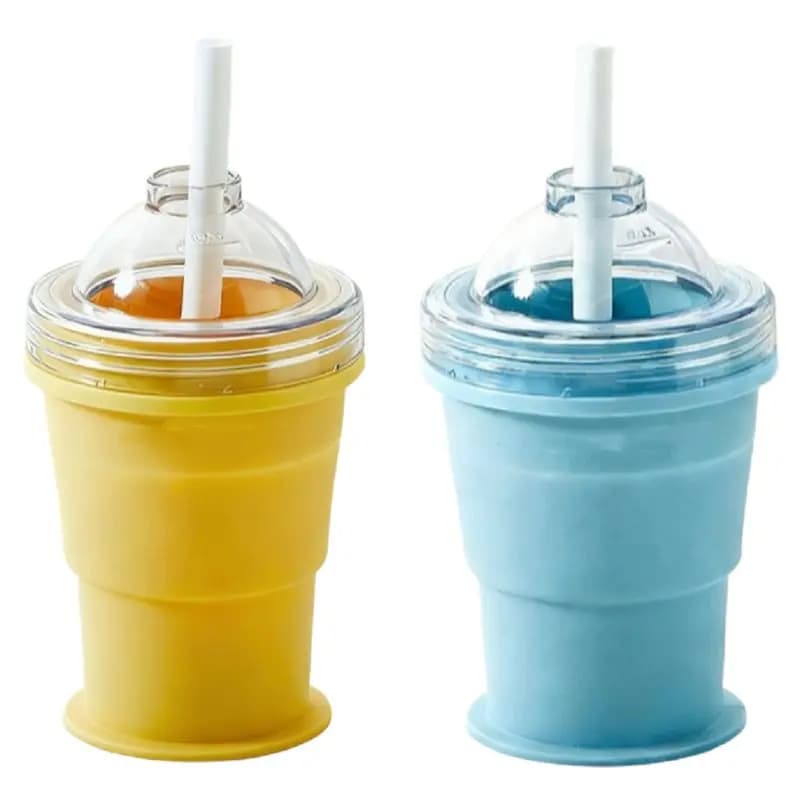Bicchiere Portatile Pieghevole ABFI con Cannuccia Integrata per Palline di Ghiaccio, Tumbler Estivo da Viaggio con Stampo per Ghiaccio in Silicone di Grado Alimentare