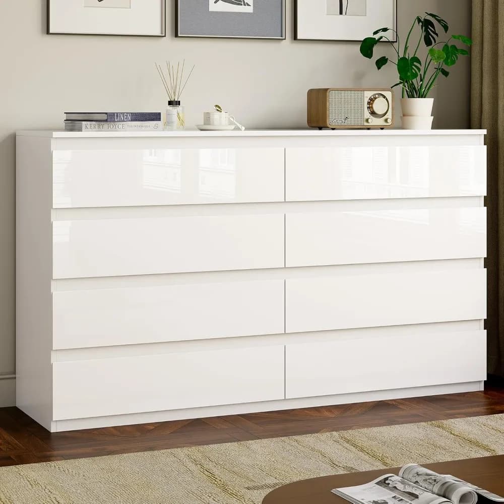 Cassettiera in Legno Bianco a 8 Cassetti per Camera da Letto, Soggiorno, Ingresso, 55L x 15P x 32H, Personalizzabile