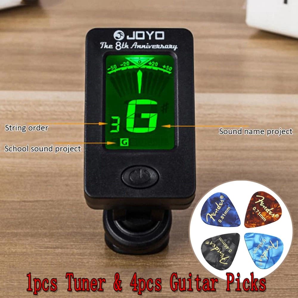Accordatore per chitarra con clip per tutti gli strumenti, ukulele, chitarra, basso, mandolino, violino, banjo con display LCD (1 accordatore e 4 plettri)