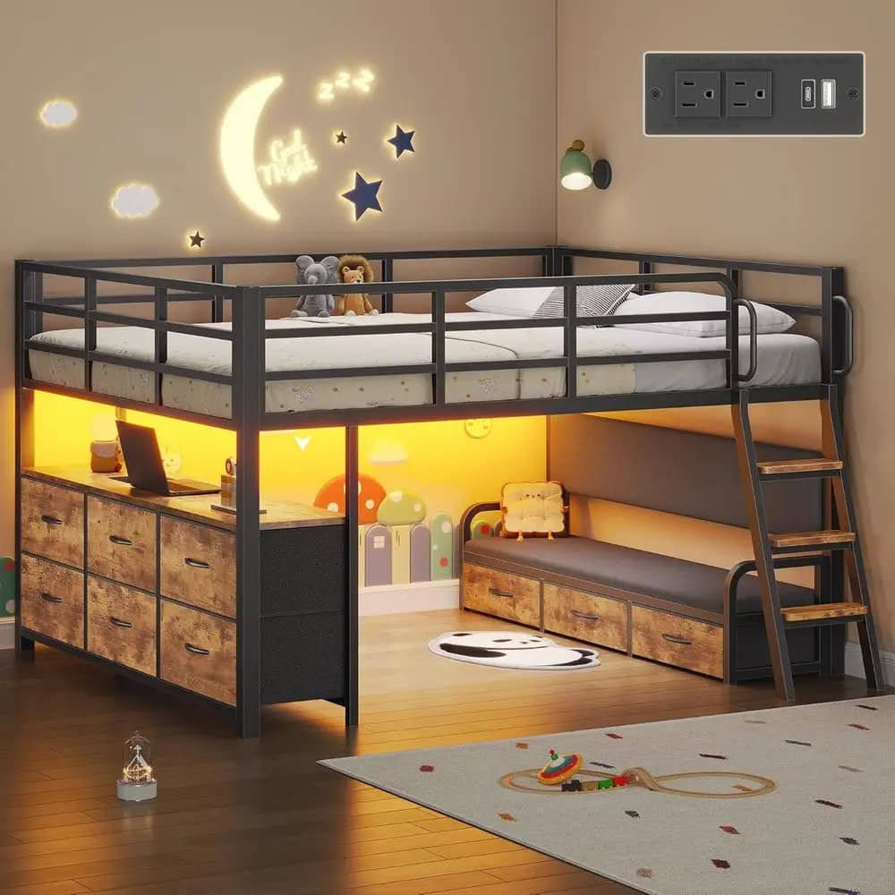 Letto a soppalco a basso profilo con scrivania, cassetti portaoggetti, ringhiera di sicurezza, luci LED, stazione di ricarica, non necessita di rete a doghe, marrone rustico