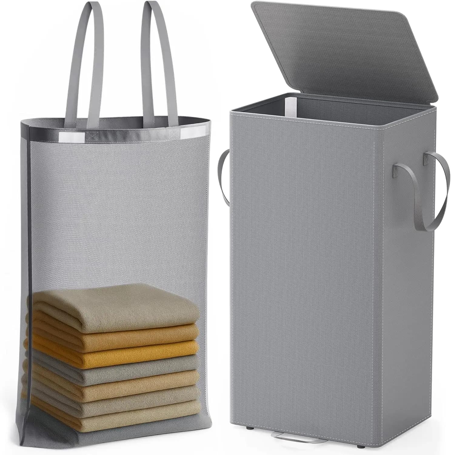 Laundry Hamper with Lid and Foot Pedal, 100L Fabric Laundry Basket with Removable Mesh Bag, Slim Foldable Design for Bathroom an