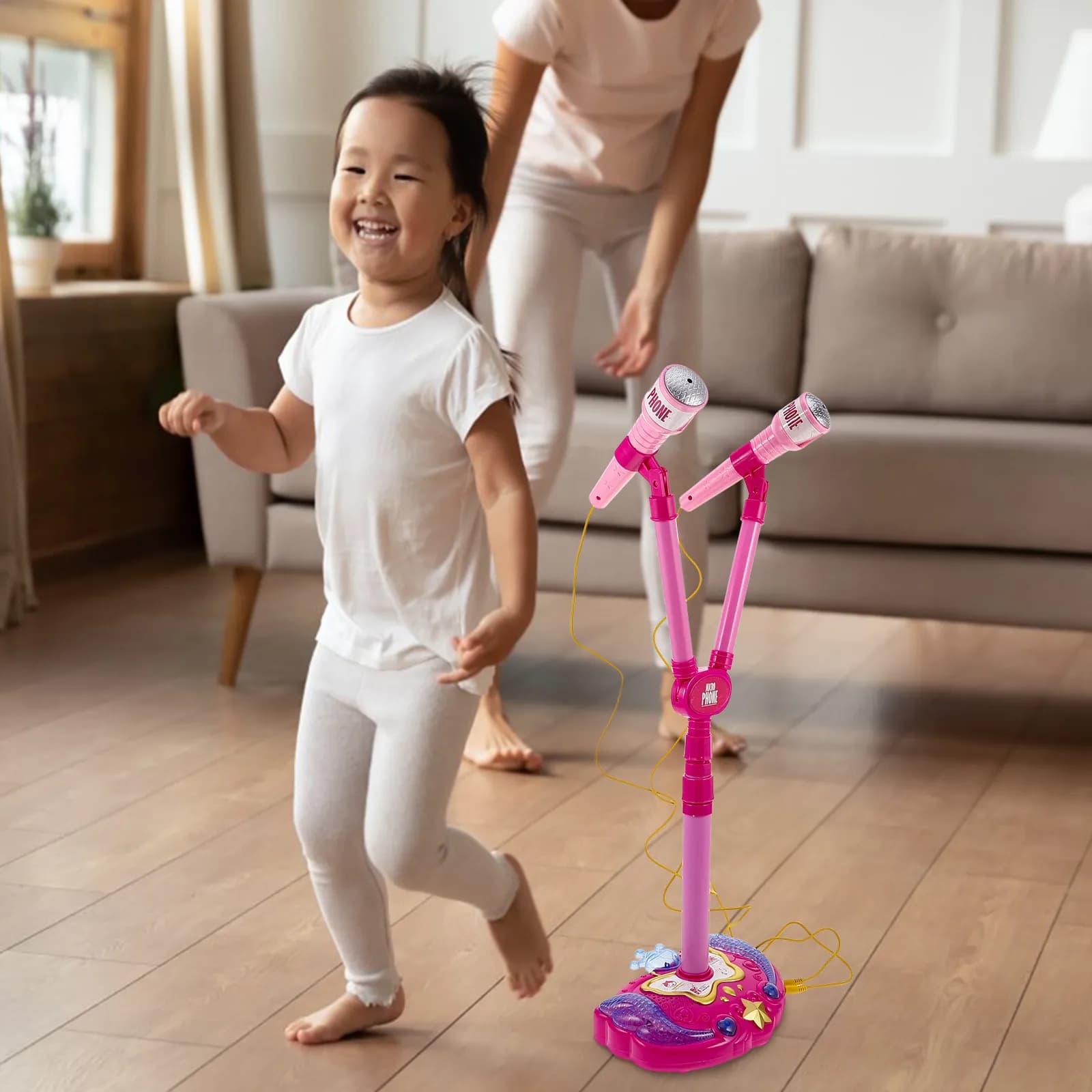 Microfono per Bambini con Doppio Microfono, Macchina per Karaoke Portatile, Mini Supporto per Microfono, Regalo Educativo per Bambini e Bambine