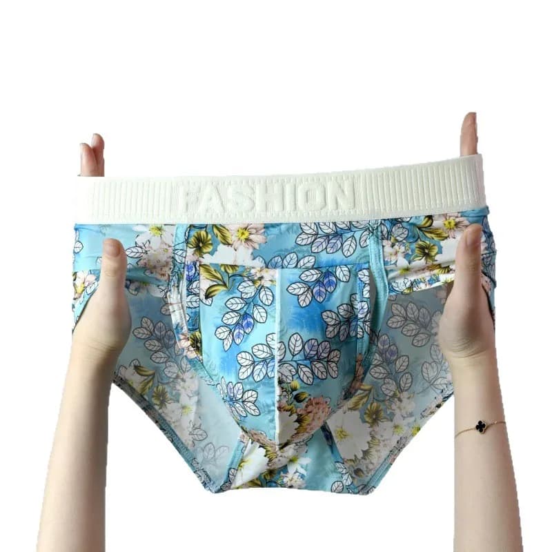 Sexy Men's Slips Breathable Ice Silk Underwear Separation Scrotum Pouch Mutandine Cuecas Printed Fast-to-life Mutande