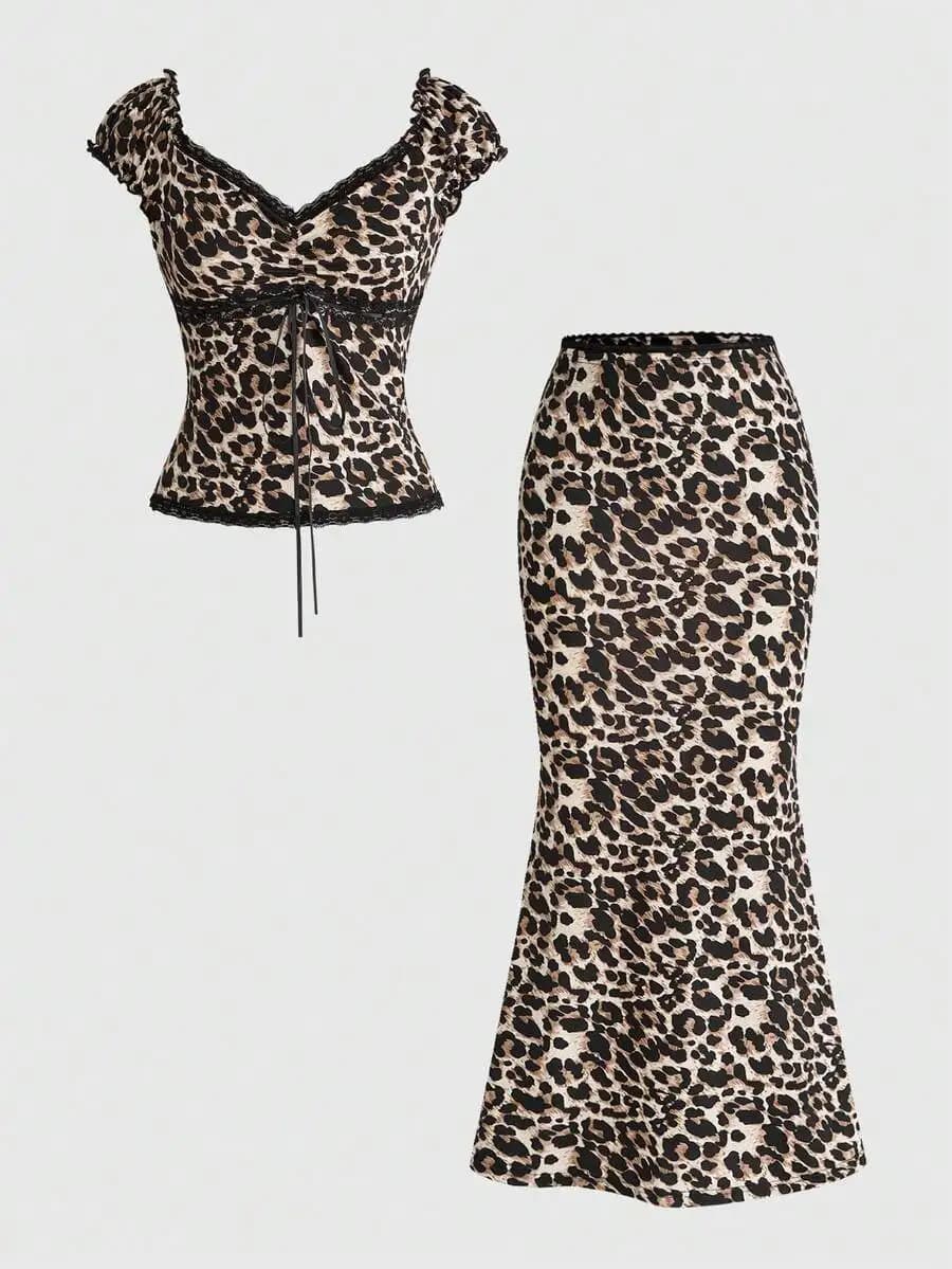 ROMWE Kawaii Spring/Summer Leopard 2pcs/Set Women's Ballerina Style V-Neck Bow Decor Contrast Polka Dot Lace Patchwork Slim Fit