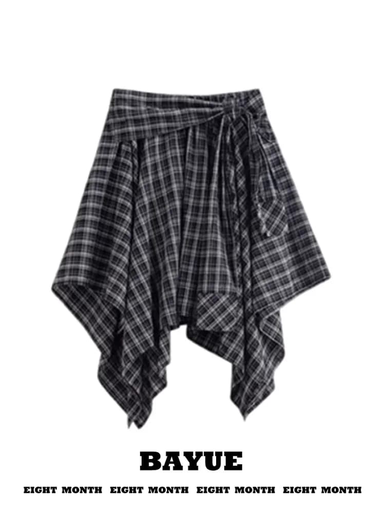Black White Plaid Korean Style Shirt Curtain Waist Seal Skirt Curtain Retro Belted Short High Waist A-Line Skirt for Ladies