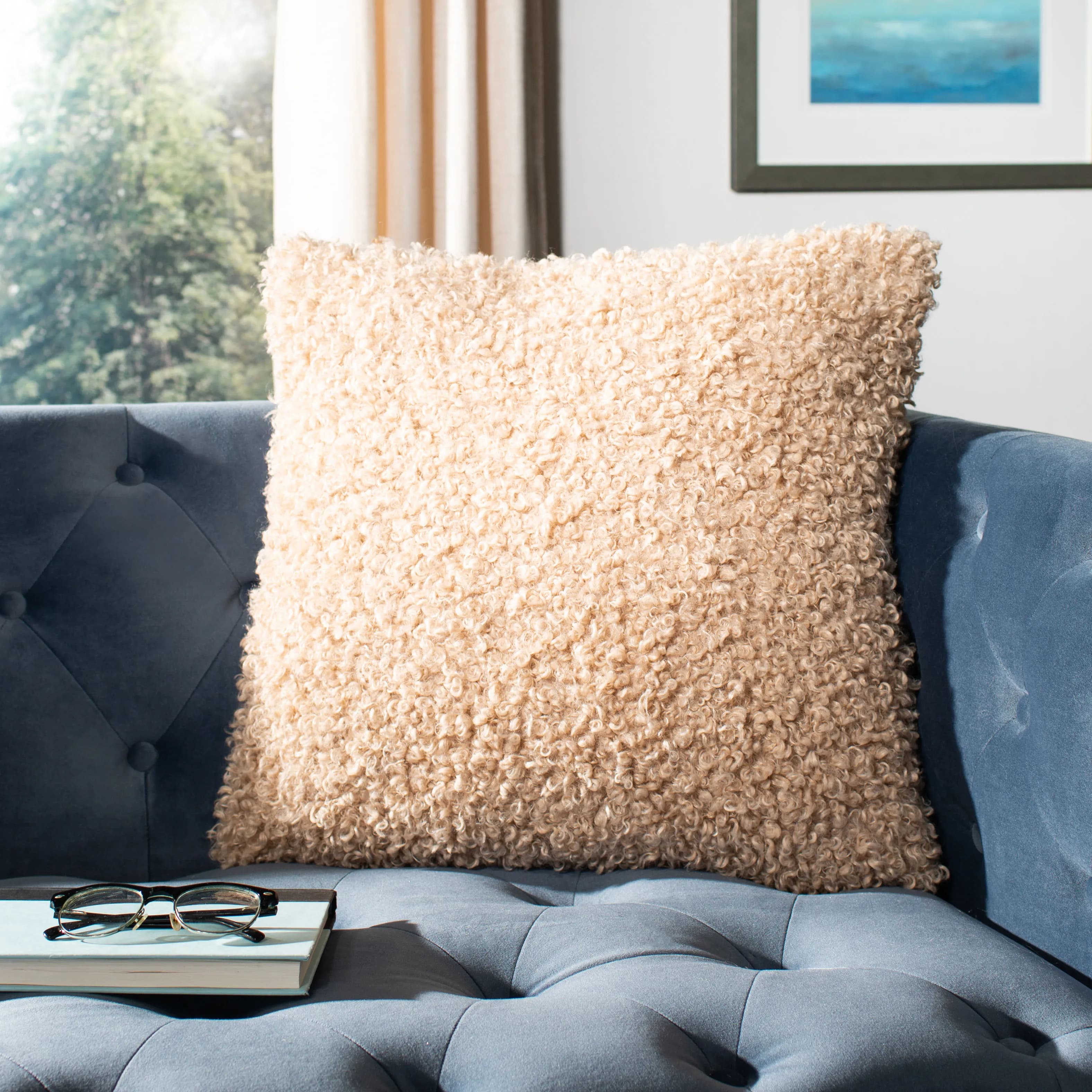 Kalista Shag 20x20 Inch Plush Pillow in Soft Beige Tone