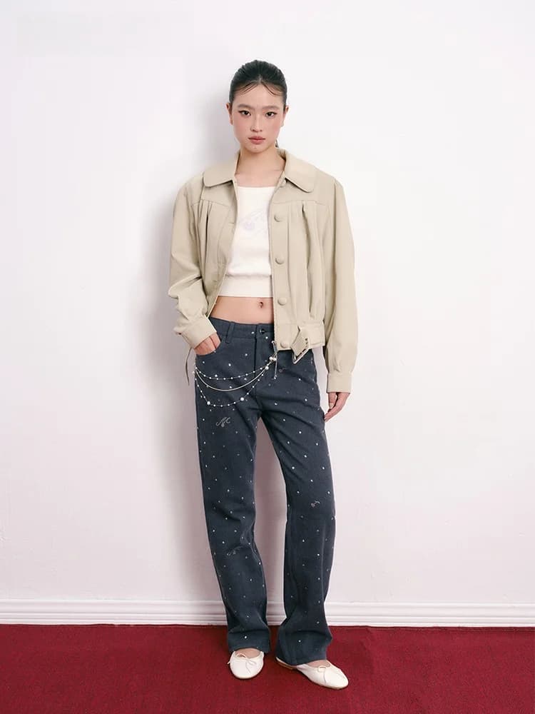 Jeans Moonmoi con Ricamo Artistico a Perline di Ciliegio, Gamba Dritta, Casual e alla Moda, in Misto Cotone, Comodi e Traspiranti per Donna