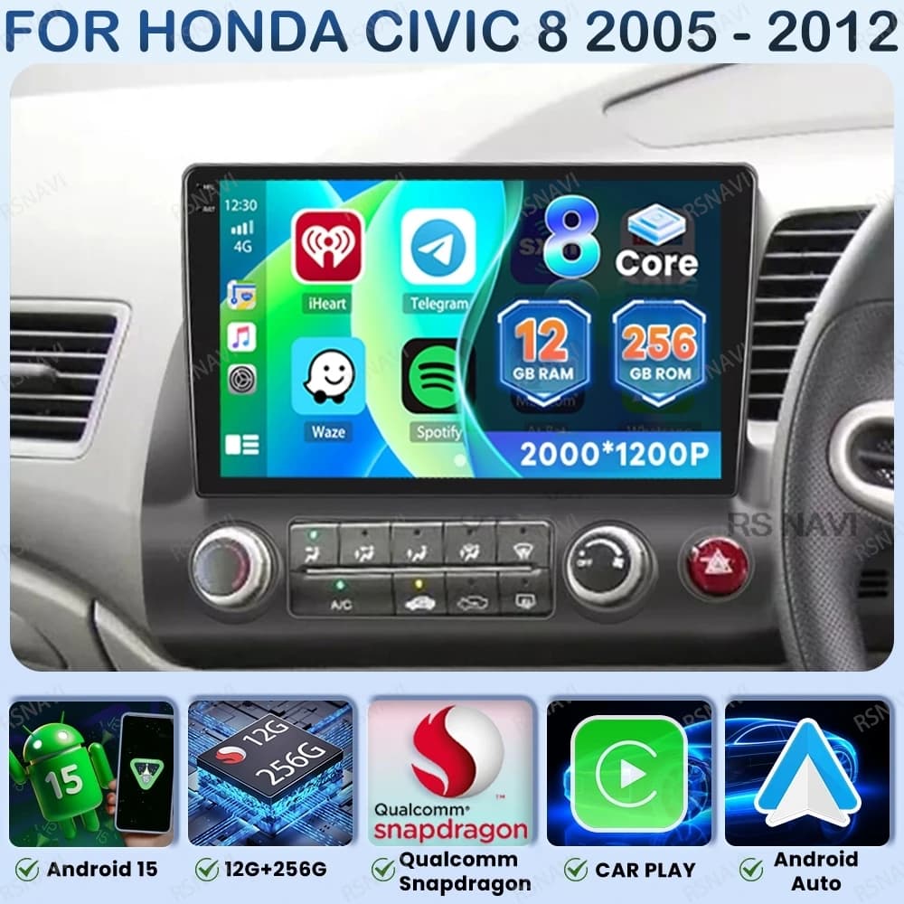 Android 15 Car Radio For Honda Civic 8 2005 - 2012 Stereo DVD DSP Viedo Player Autoradio Head Unit Wireless Carplay Auto BT QLED