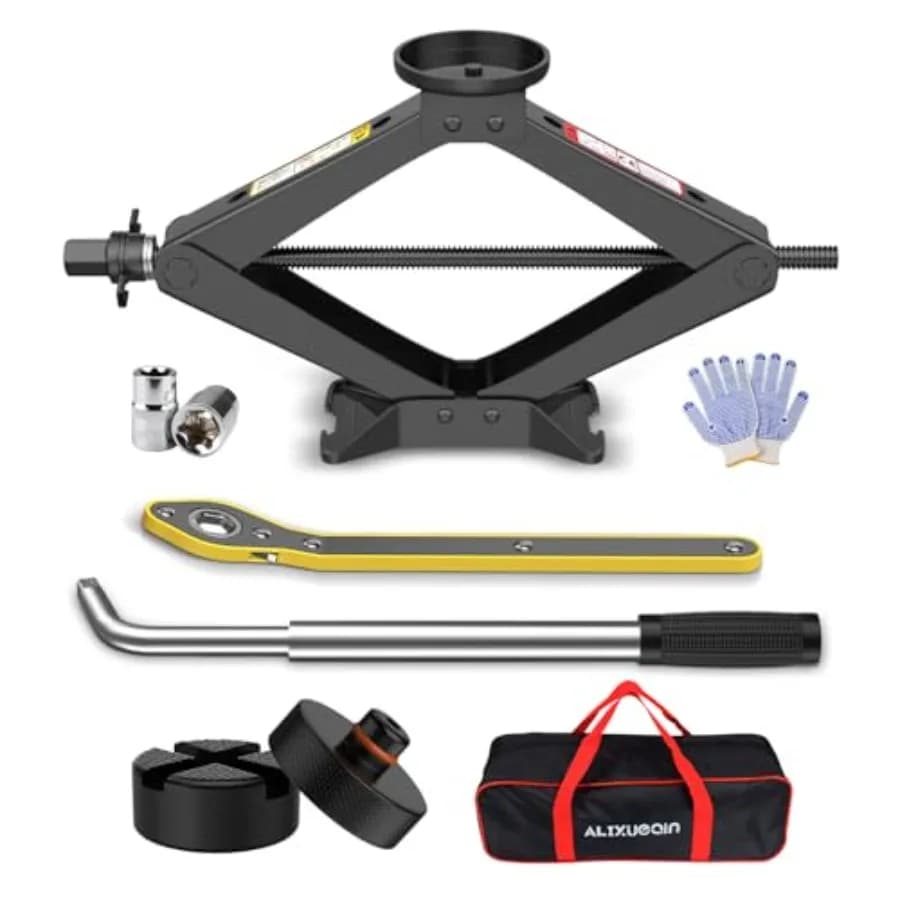 Martinetto a Forbice per Auto 2.5 Tonnellate, Kit Sollevatore per Tesla Model 3/Y/S/X, Kit Universale 2 in 1 per Cambio Pneumatici con 2 Tamponi per Martinetto e 2 Cinghie di Sollevamento